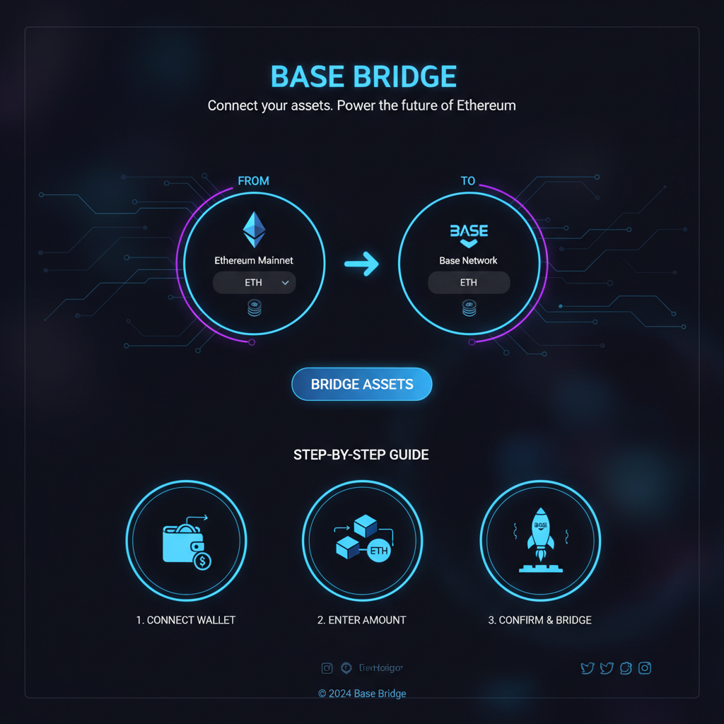 Official Base Bridge homepage, sleek web interface with ETH bridging options, neon crypto aesthetics