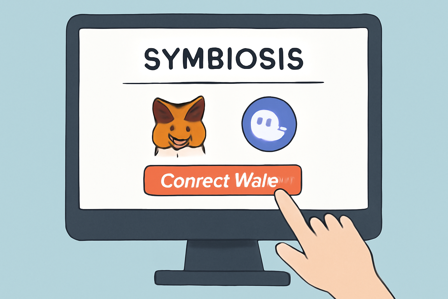 A computer screen displaying the Symbiosis WebApp with MetaMask and Phantom wallet icons, user clicking 'Connect Wallet' button.