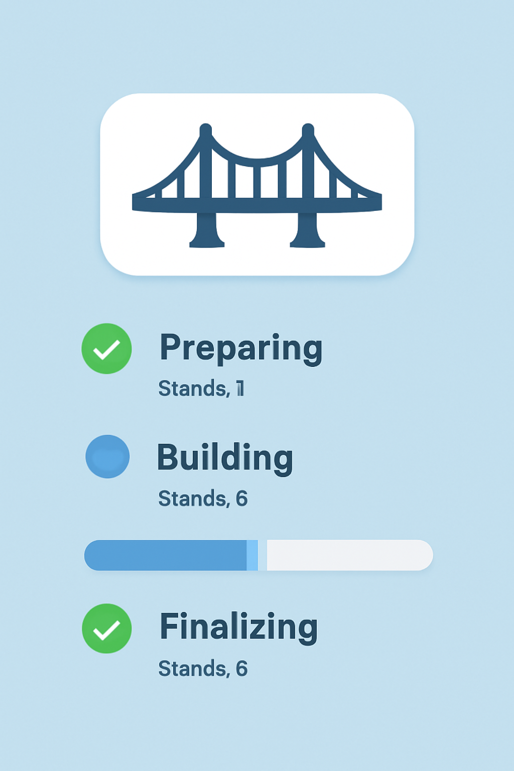 Bridge interface displaying a live progress bar and status updates, with checkmarks for completed steps.
