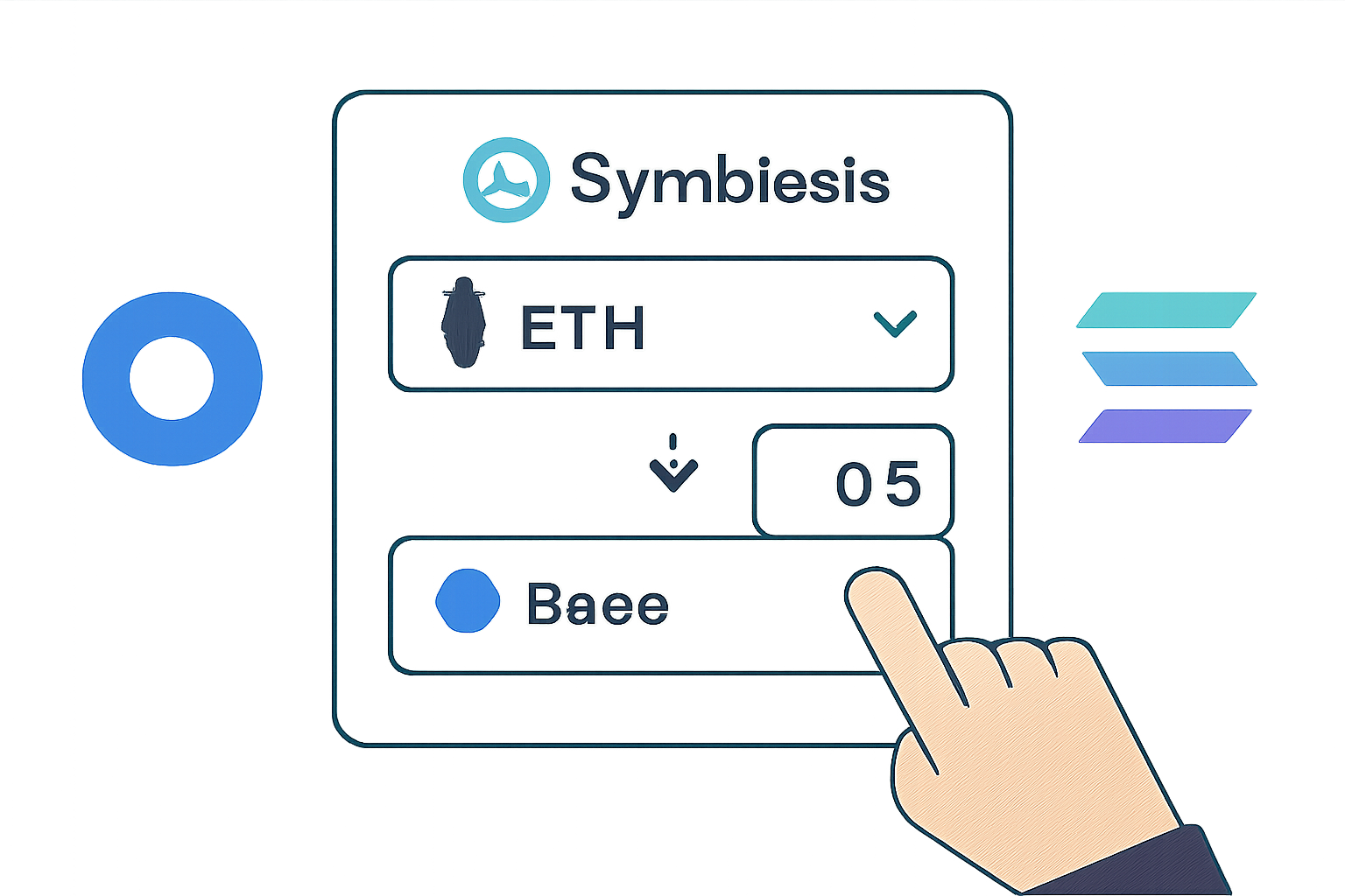 User selecting ETH and entering an amount on the Symbiosis bridge interface, with Base and Solana logos visible.