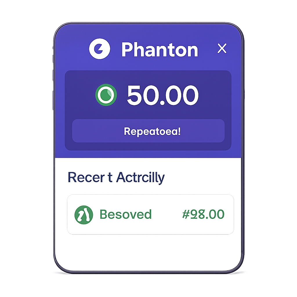 Phantom wallet open showing received tokens, with a transaction history panel and a green checkmark indicating success.