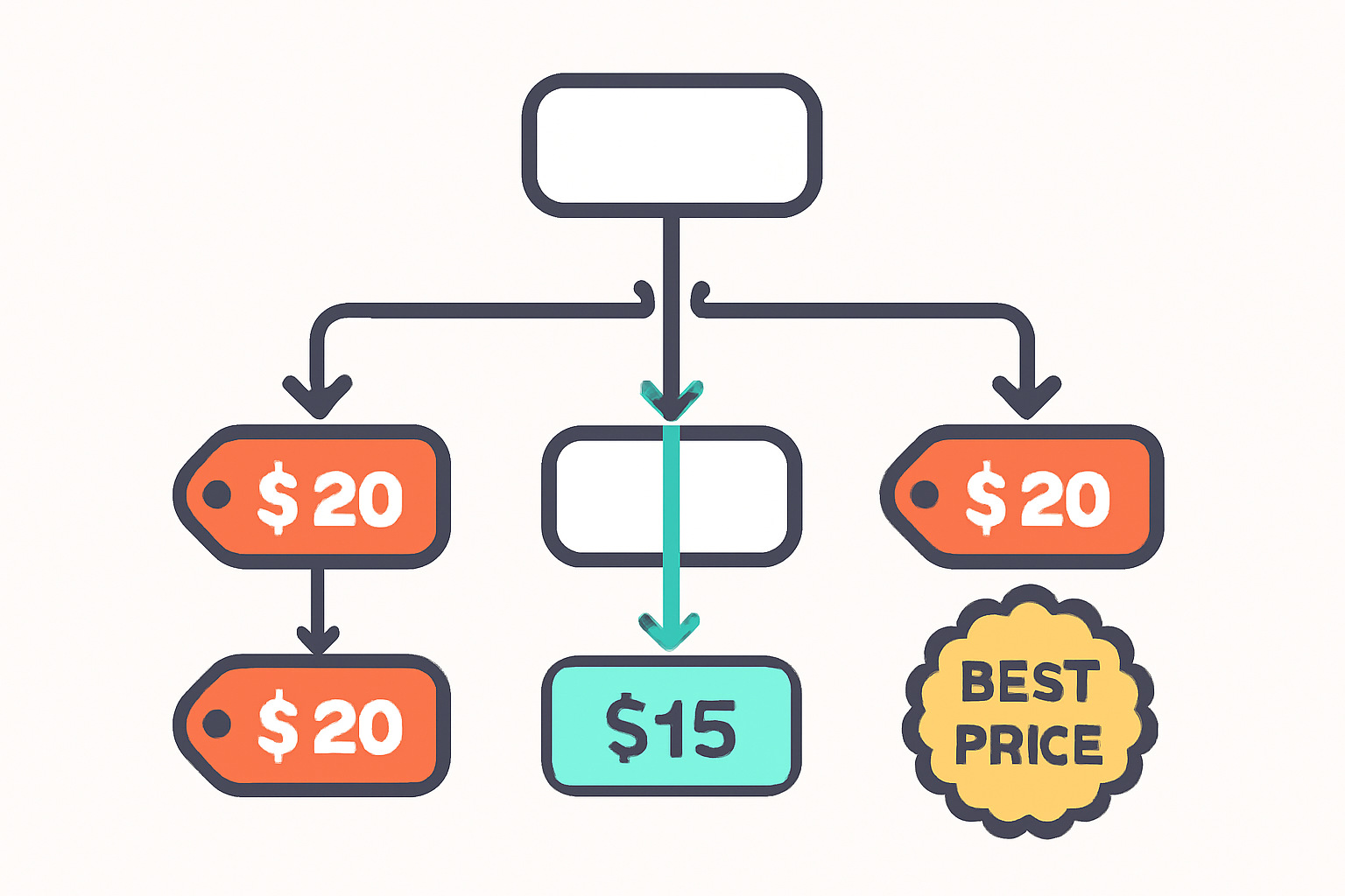 A flowchart with different routing paths, one highlighted as the optimal route, with price tags and a badge indicating 'Best Price'.