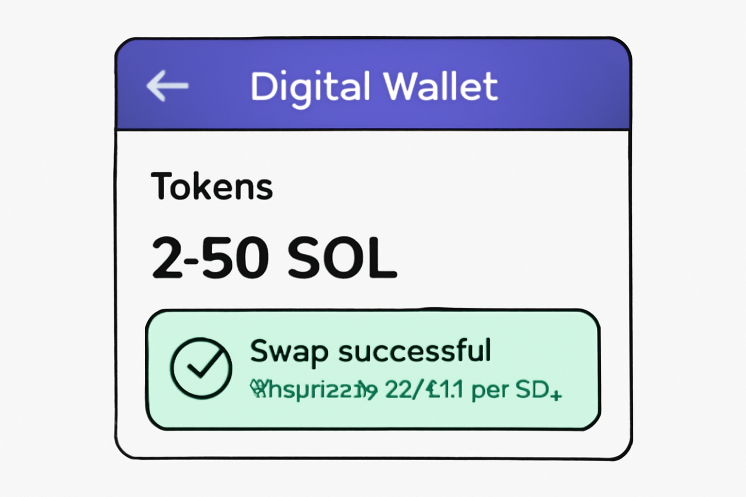A digital wallet interface showing the updated token balance and a notification of successful swap at $219.14 per SOL.