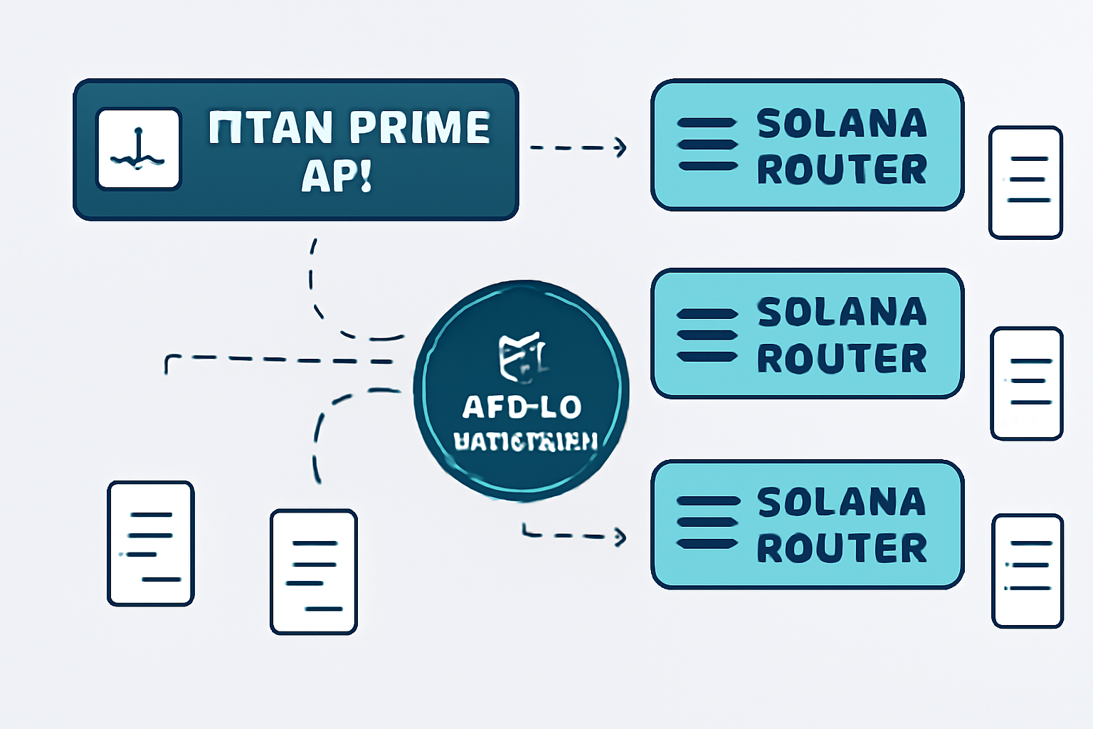 A digital dashboard showing Titan Prime API connecting to various Solana routers with data streams and the Argos algorithm highlighted.