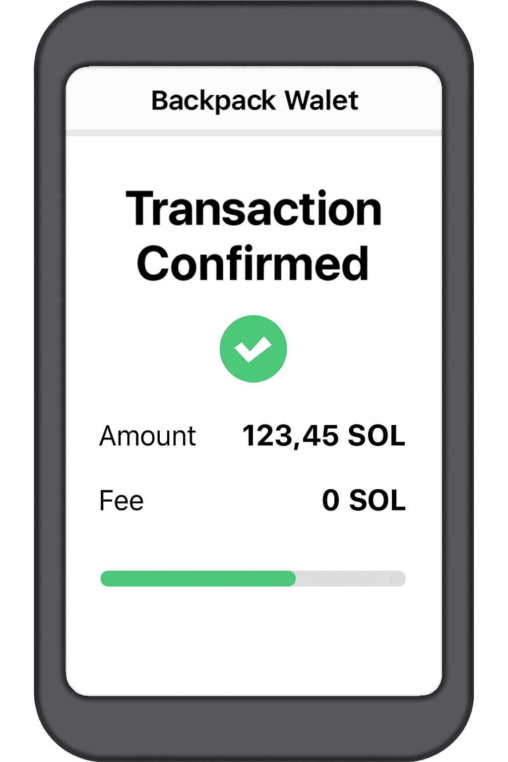 A transaction confirmation screen showing zero fees and a real-time progress bar on the Backpack Wallet interface.
