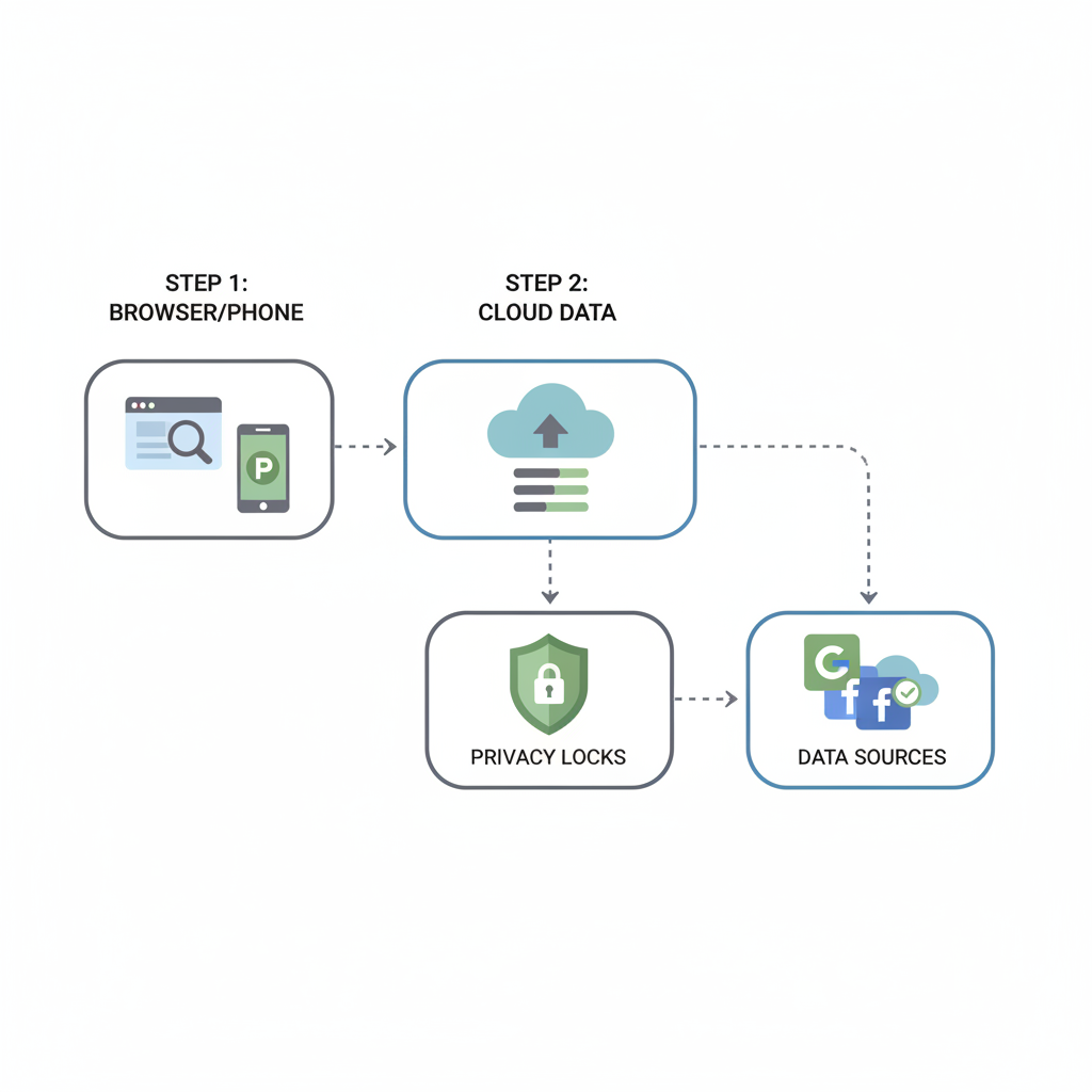 user connecting icons for browser phone cloud data sources, privacy locks, simple flowchart