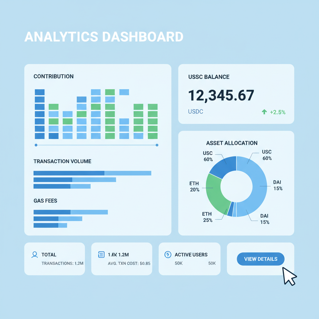 analytics dashboard with contribution graphs USDC balance tracker, charts and metrics