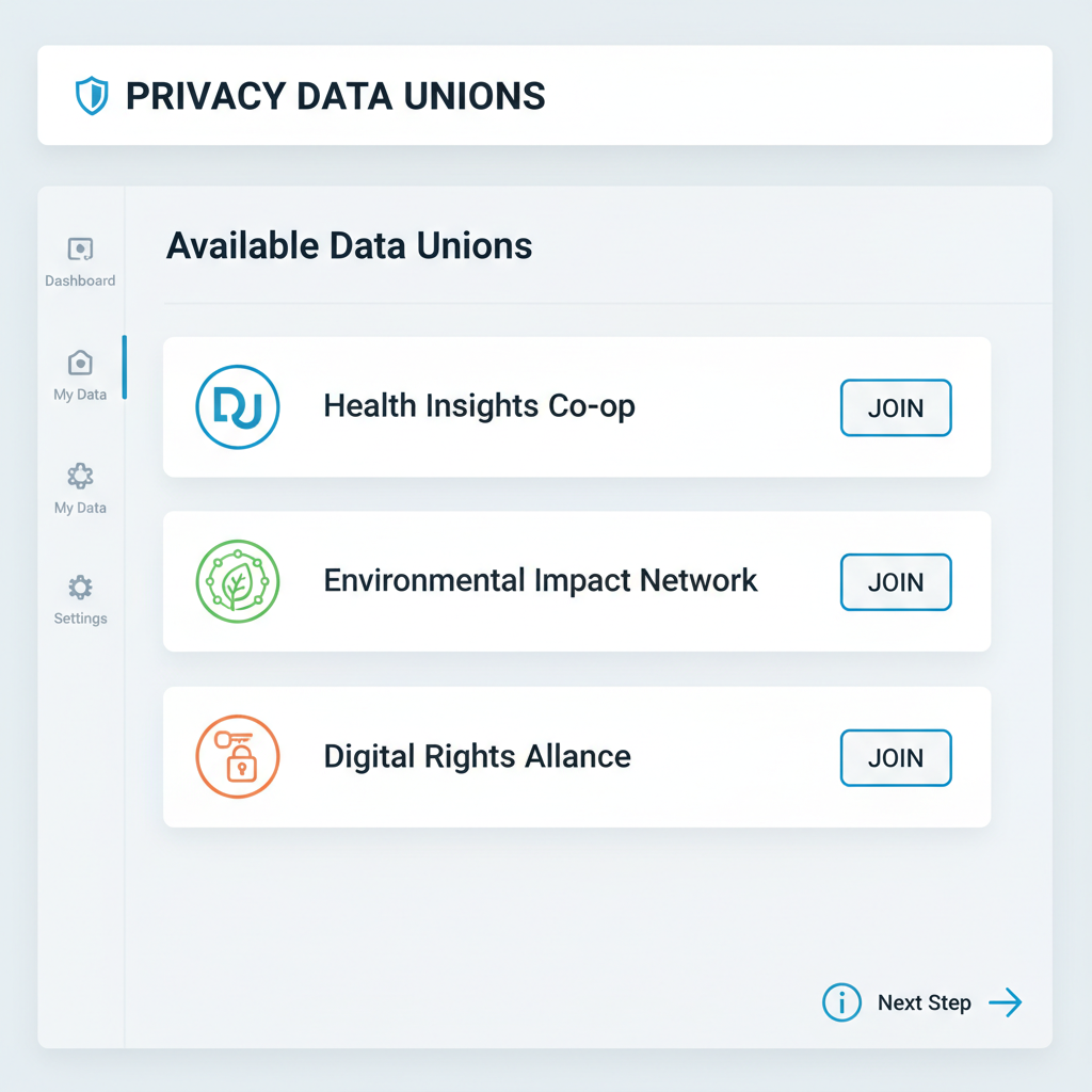 dashboard listing privacy data unions with join buttons, professional interface, data icons