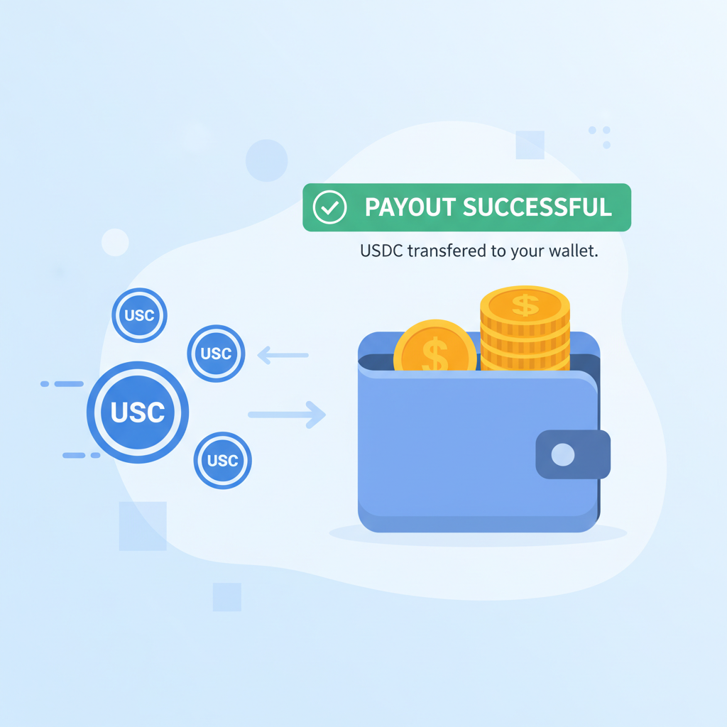 USDC stablecoins transferring to digital wallet, payout success notification, golden coins