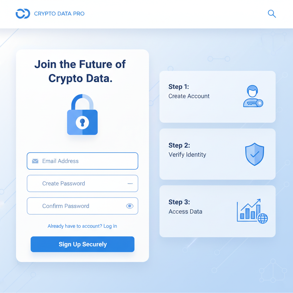 modern signup form on crypto data platform website, clean UI, blue and white tones, secure lock icon