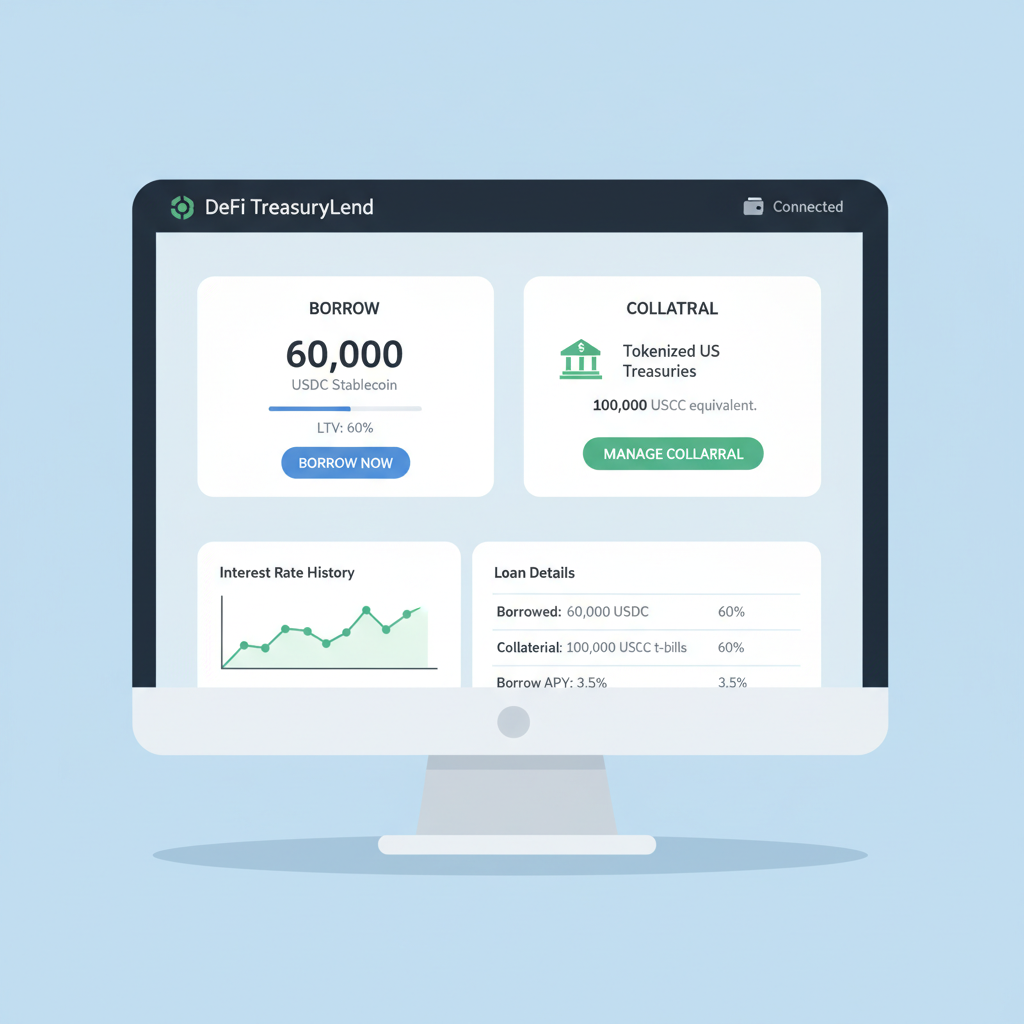 DeFi lending dashboard borrowing USDC stablecoins against tokenized treasury collateral at 60% LTV