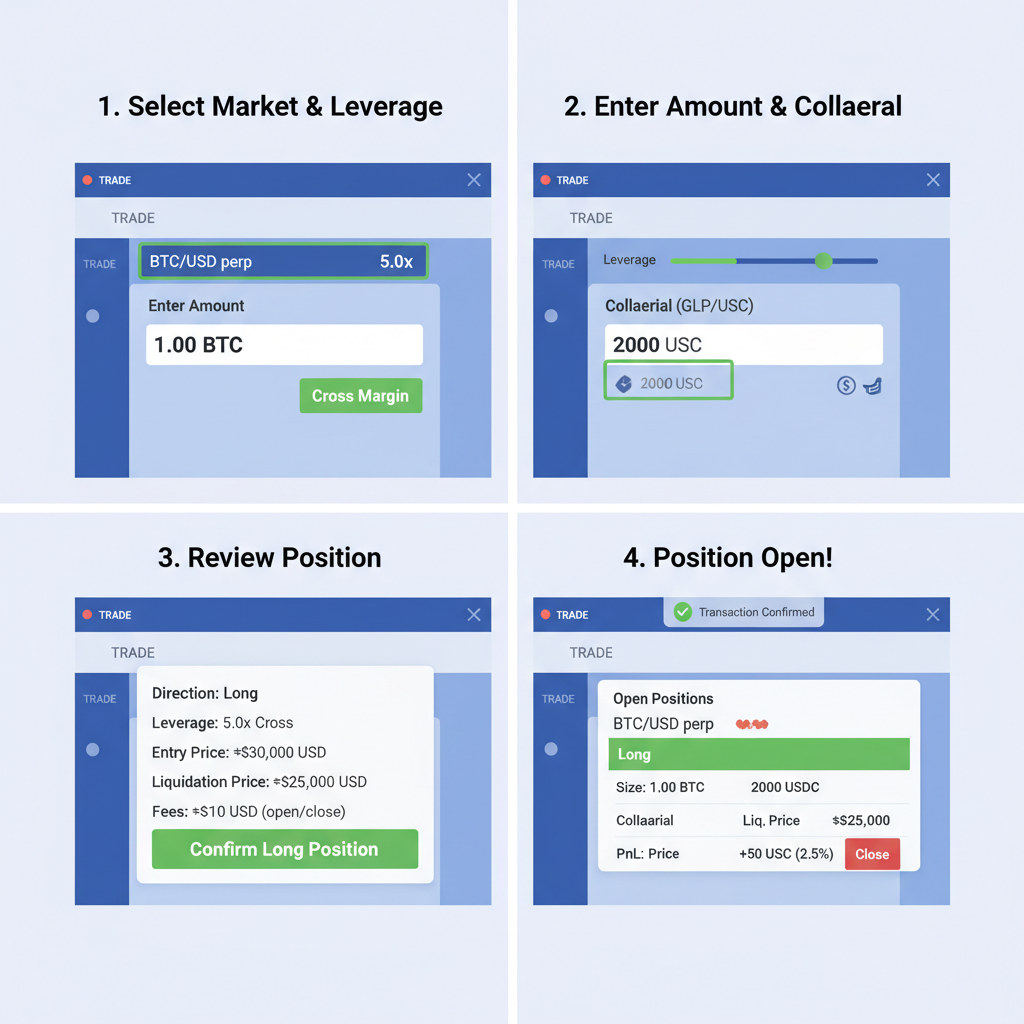 GMX Arbitrum trading interface opening leveraged BTC perp position with cross-margin
