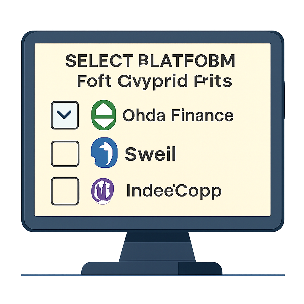 A computer screen displaying logos of Ondo Finance, Swell, and Index Coop, with a checklist overlay indicating platform selection for crypto ETFs