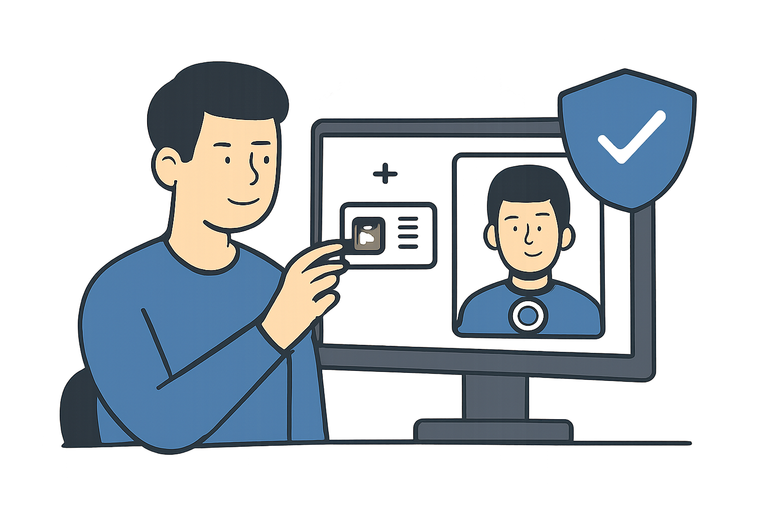 A user uploading an ID card and taking a selfie on a computer screen, with a shield icon representing security and compliance