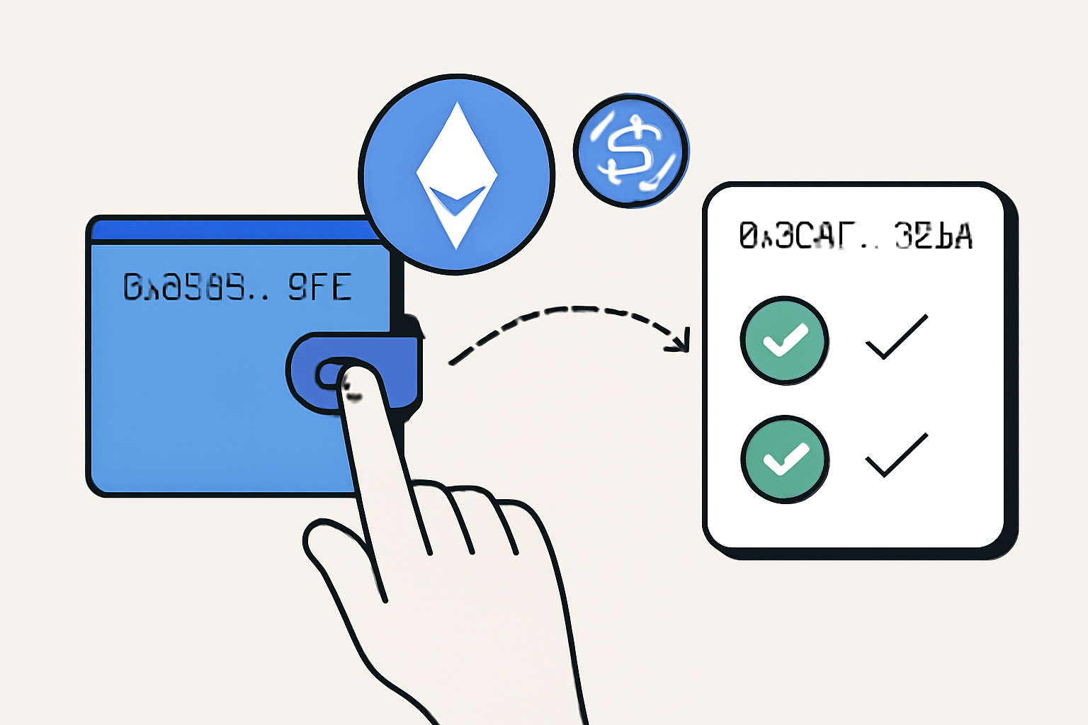 A hand sending ETH and USDC coins from a wallet to a platform, with confirmation checkmarks and wallet addresses visible