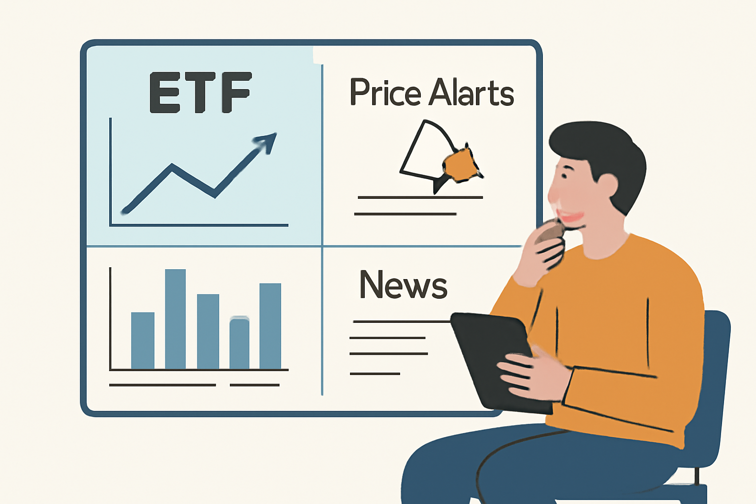 A dashboard with ETF performance charts, price alerts, and news updates, with a person reviewing their investment portfolio