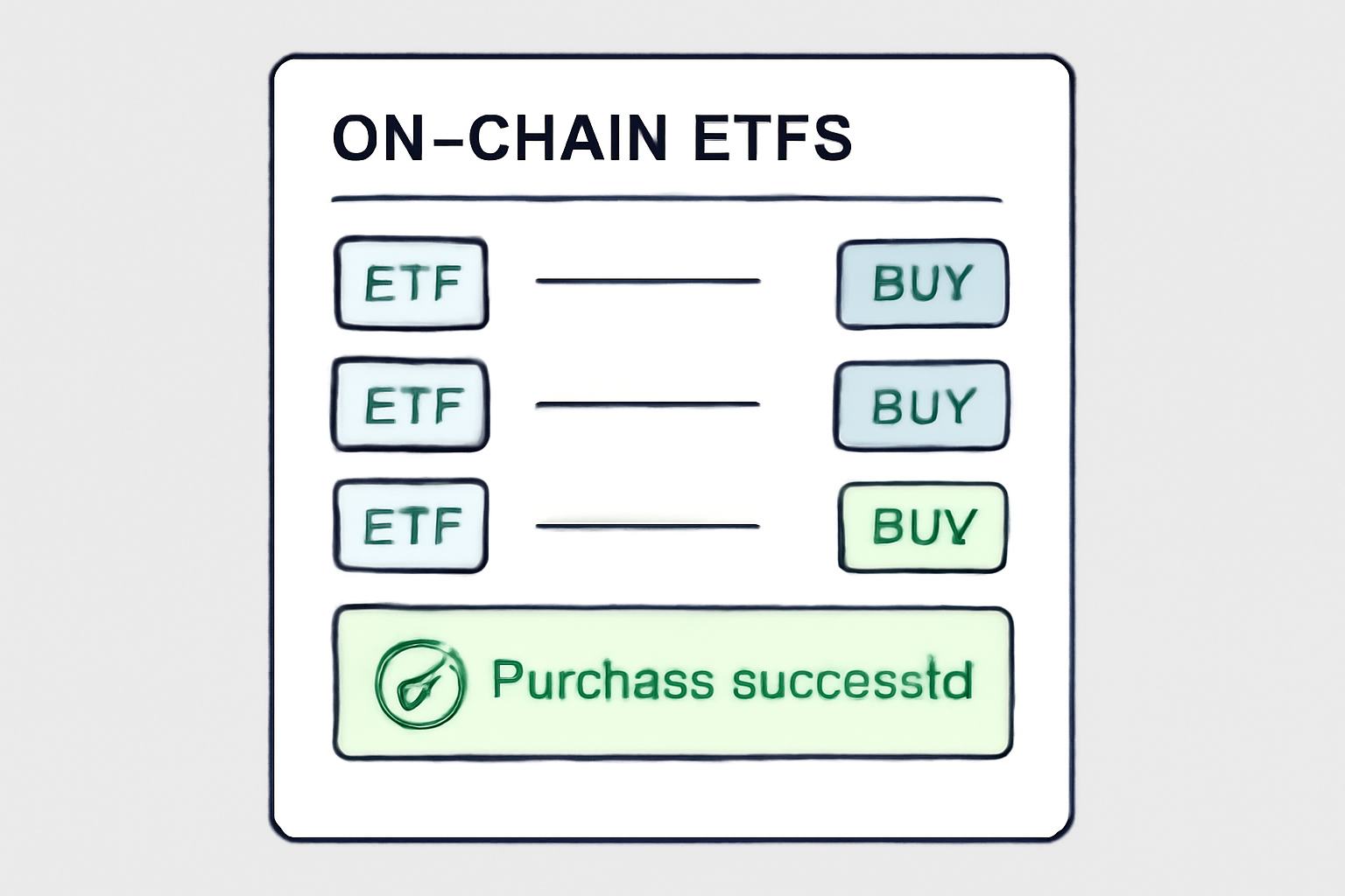 A user interface showing a list of on-chain ETFs with 'Buy' buttons, and a highlighted confirmation of a successful purchase