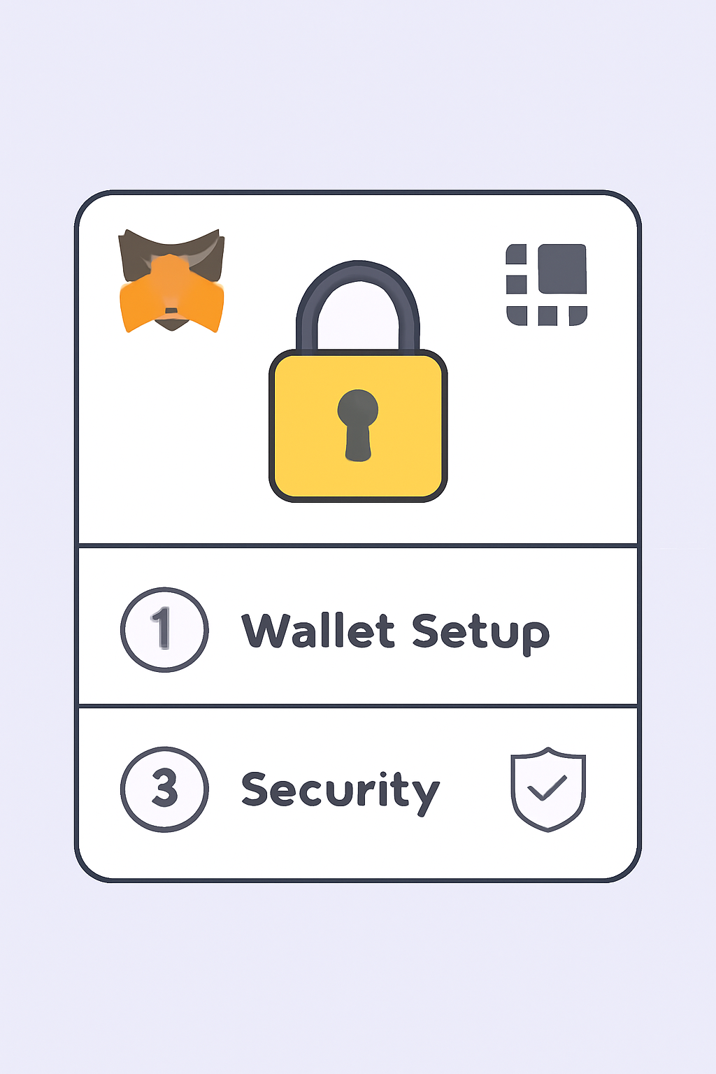 A digital wallet interface (MetaMask and Ledger icons) with a lock symbol, showing wallet setup and security features