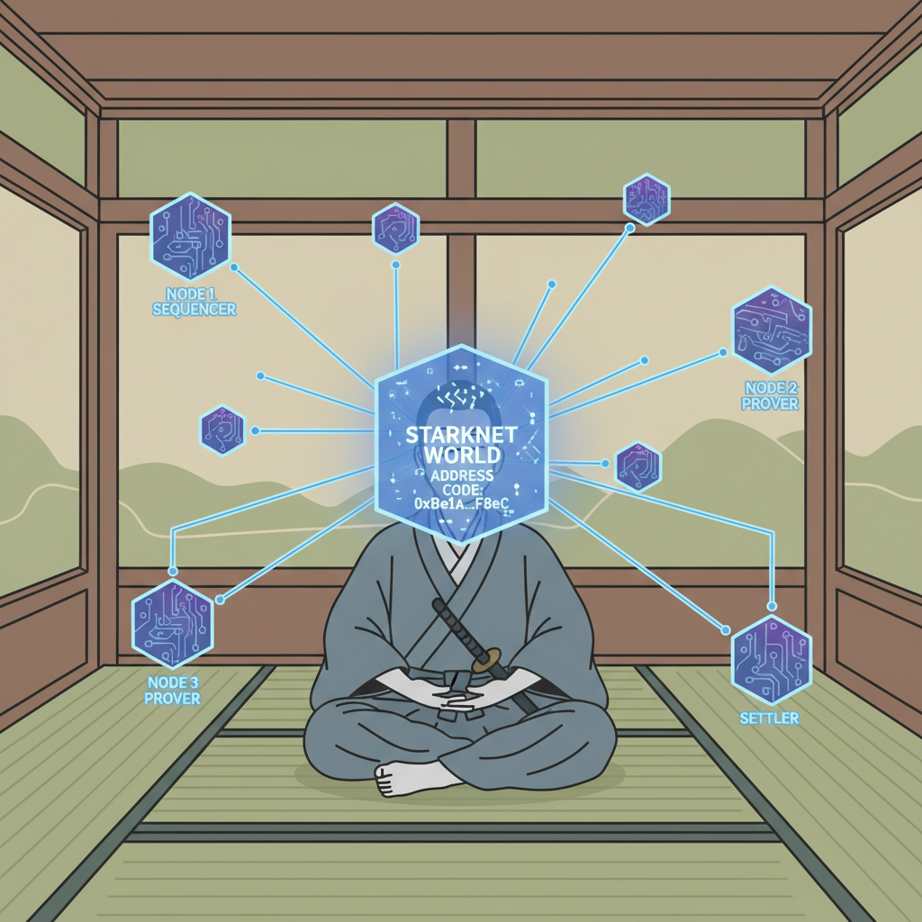 samurai awakening in dojo, holographic world address code floating, Starknet nodes connecting