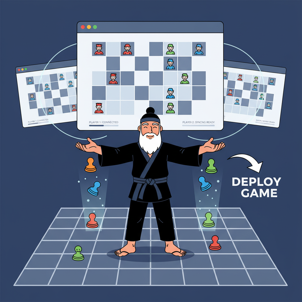 triumphant dojo master deploying game, multiple browser windows syncing players on grid