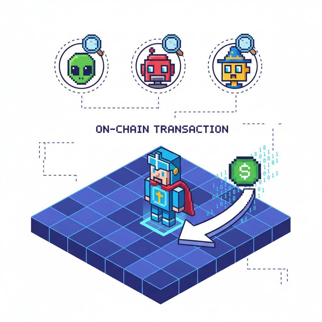 pixel hero spawning on grid world, on-chain transaction arrow flying, multiplayer icons watching