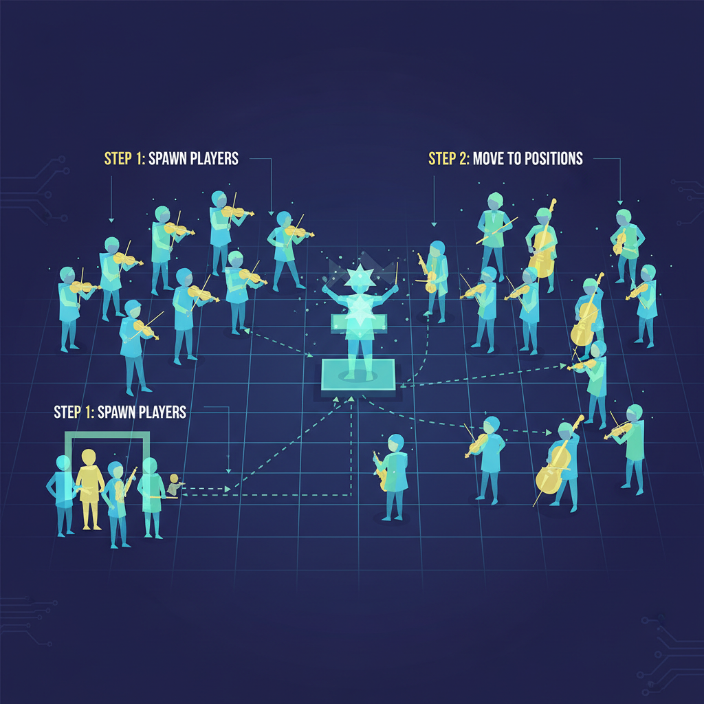 symphony orchestra of glowing entities on grid, players spawning and moving in real-time waves