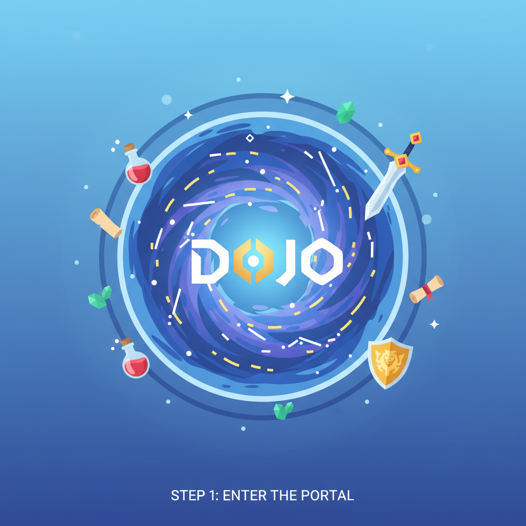 magical portal glowing with code snippets, Dojo logo emerging, fantasy game elements