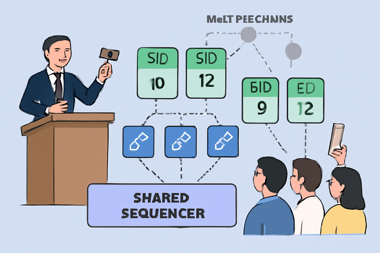 An auction scene with digital bids, blockchain nodes, and a shared sequencer coordinating transactions across multiple chains.