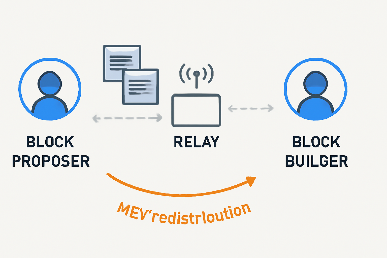 A diagram showing a blockchain with separated roles: block proposer and block builder, connected via a relay, with arrows indicating MEV flow redistribution.