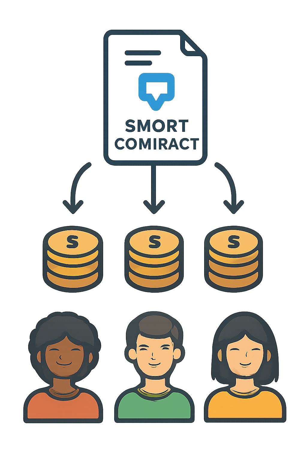 A smart contract icon distributing coins to multiple diverse user avatars, representing on-chain redistribution.