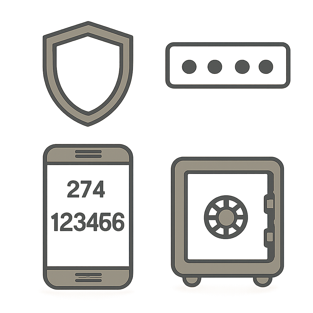 A shield icon, a password field with dots, a phone showing a 2FA code, and a backup vault, all arranged securely.