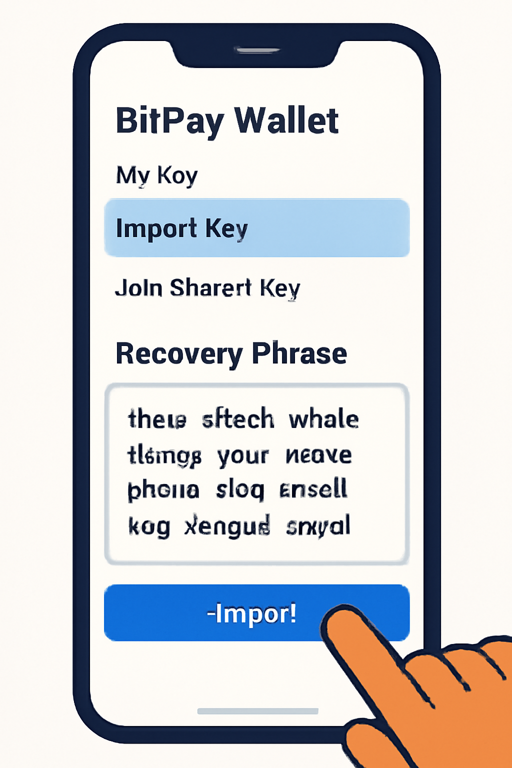 A smartphone screen showing the BitPay Wallet app with the 'Import Key' option highlighted, and a user entering a recovery phrase.