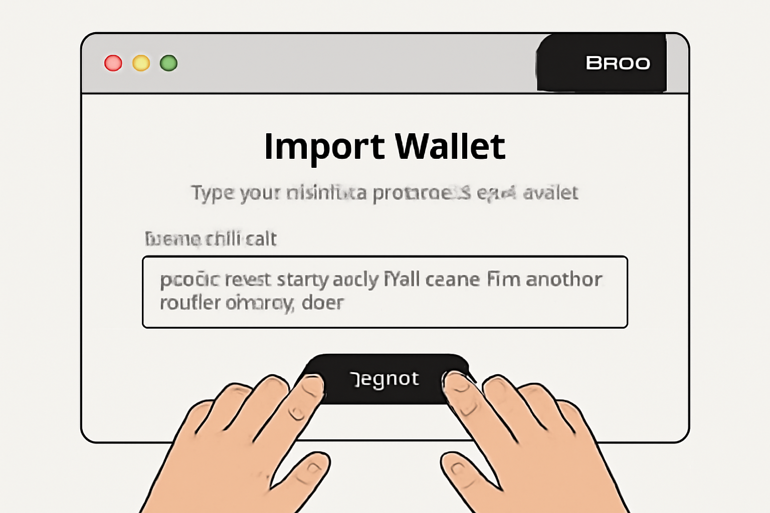 A desktop browser window with the OKX Wallet extension open, displaying the 'Import Wallet' screen and a user typing a recovery phrase.