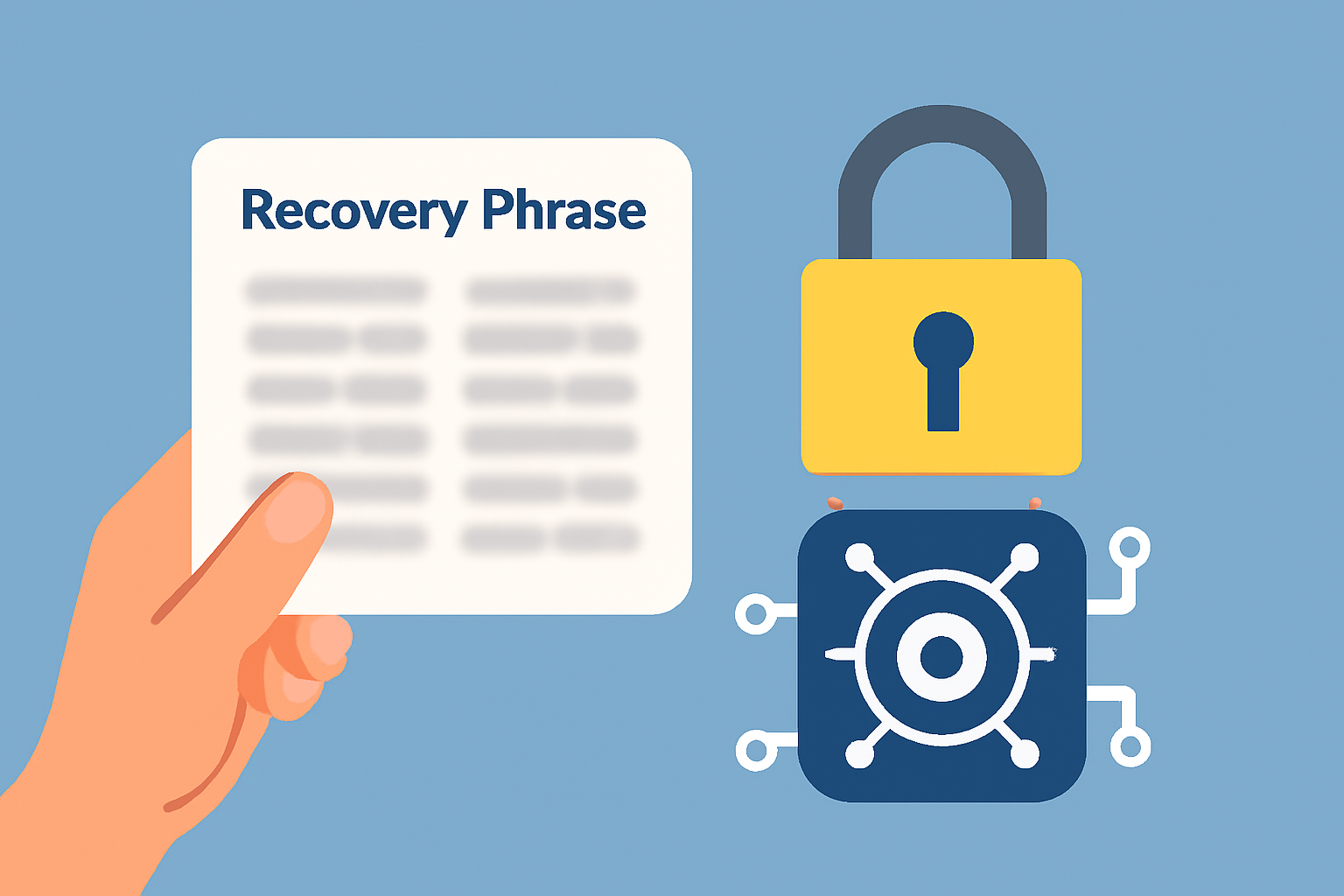 A hand holding a paper with a blurred-out recovery phrase, next to a lock and a digital vault icon.