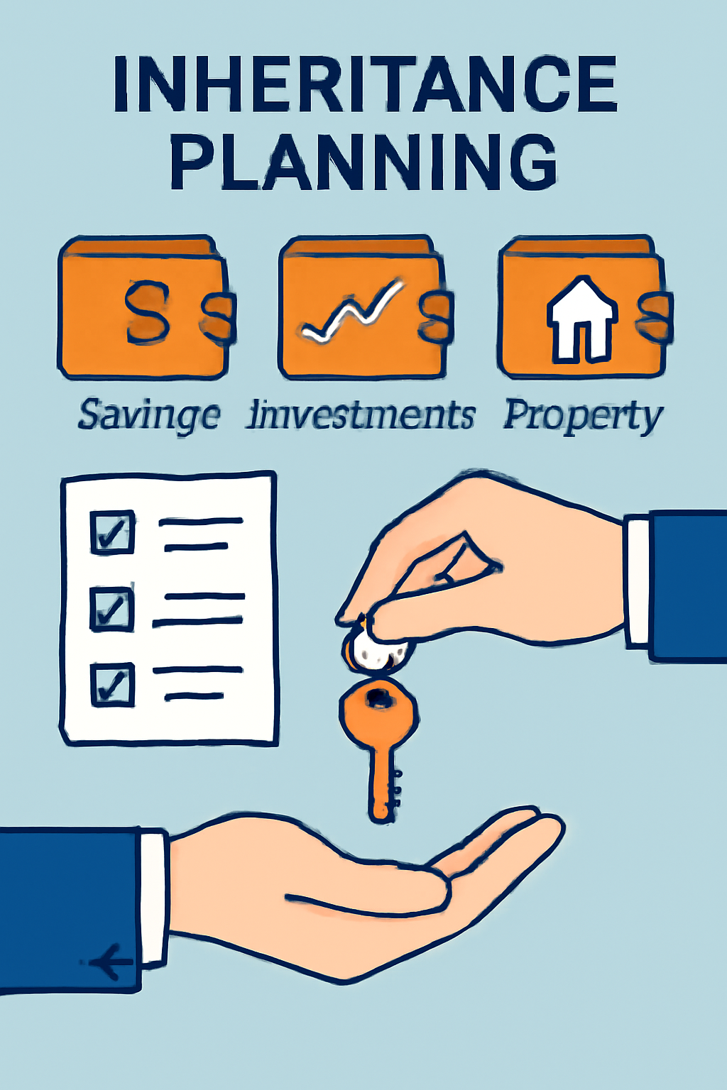 A digital organizer with labeled wallet icons, a checklist, and a hand passing a key to another hand, symbolizing inheritance planning.