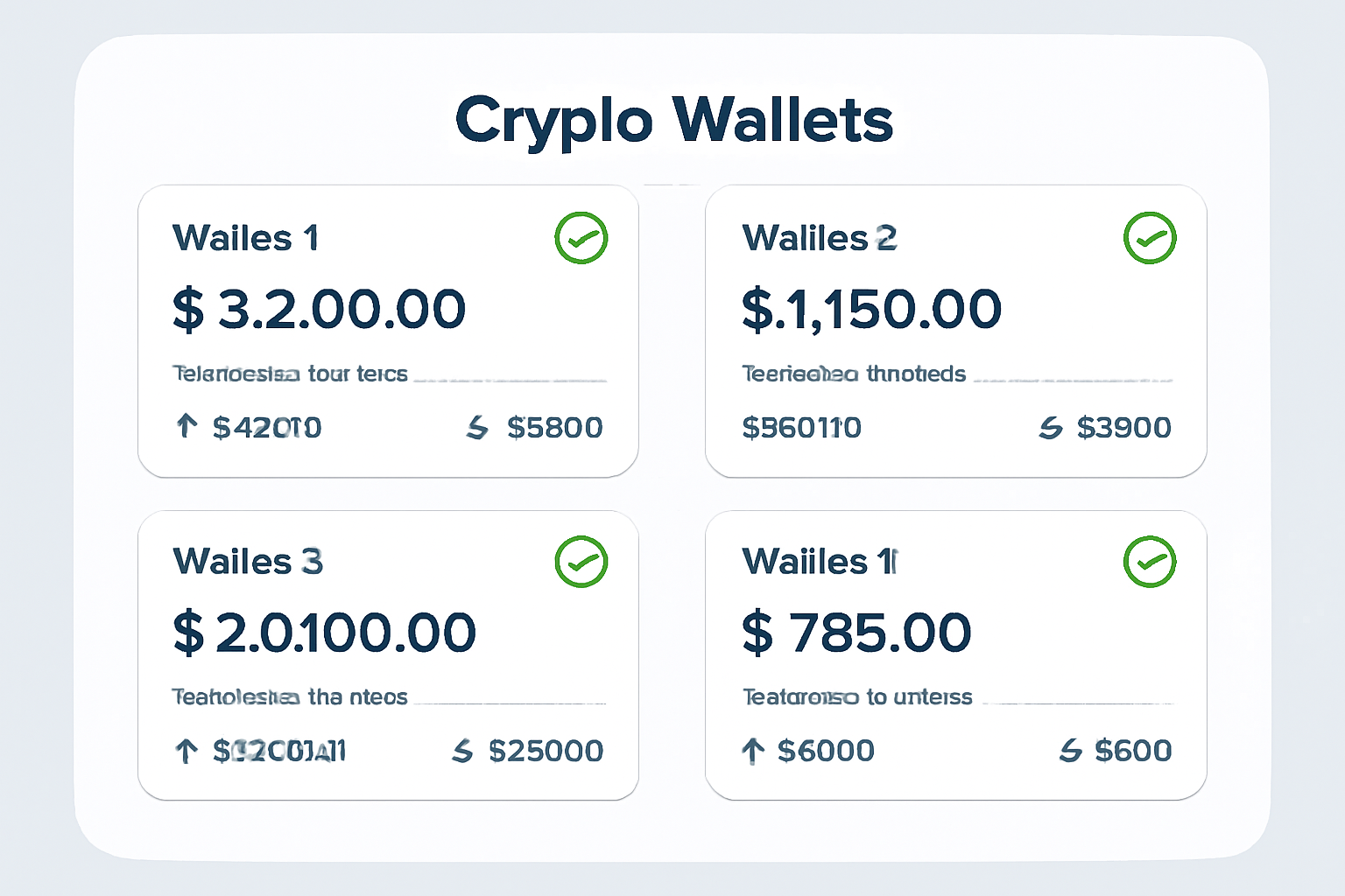 A digital dashboard showing multiple crypto wallets with visible balances and recent transactions, all marked as verified.