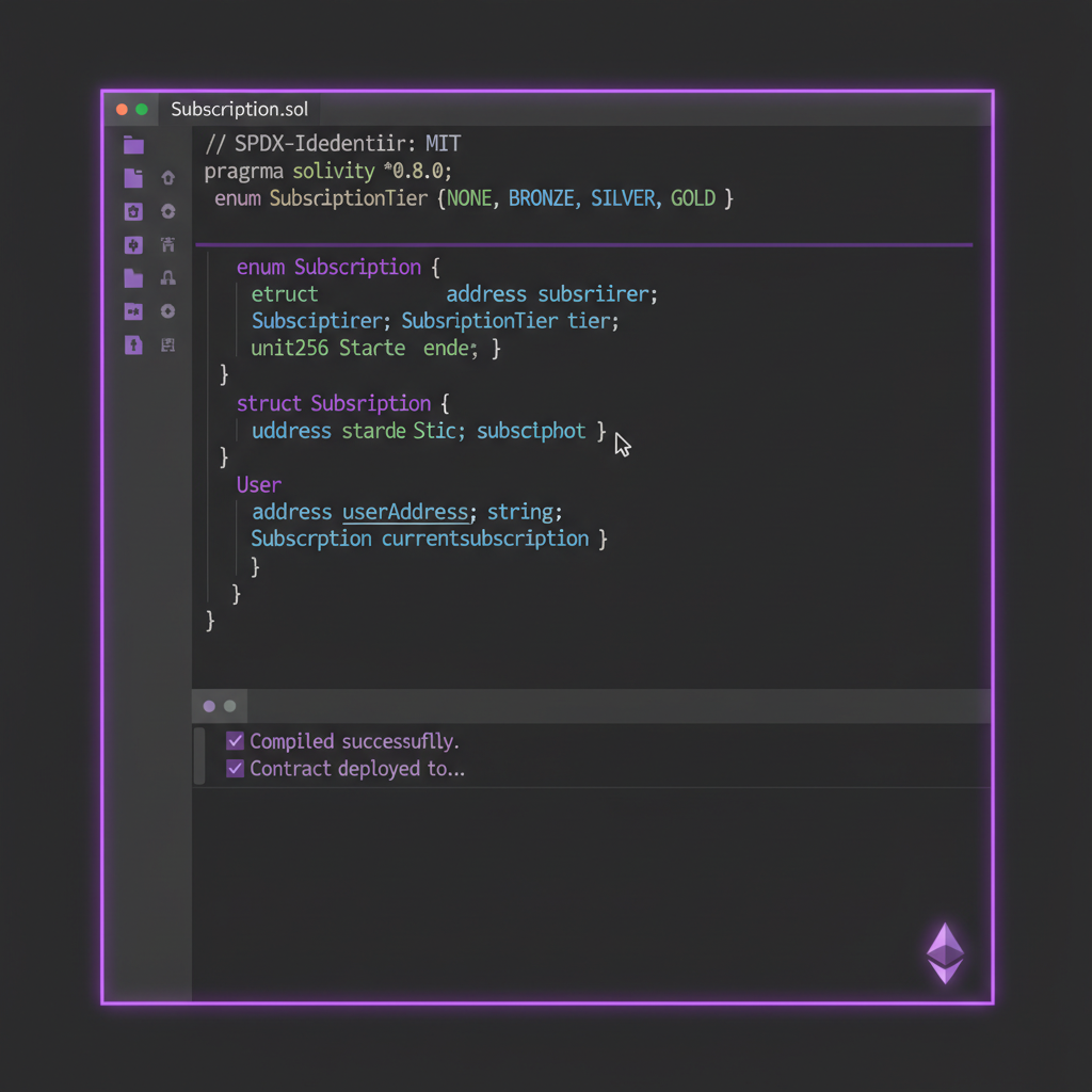 Solidity code defining subscription tiers enums and structs, clean code editor dark theme, Ethereum purple accents