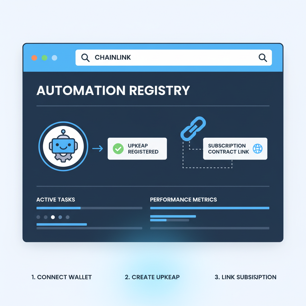 Chainlink Automation dashboard registering upkeep, subscription contract link, robot icon
