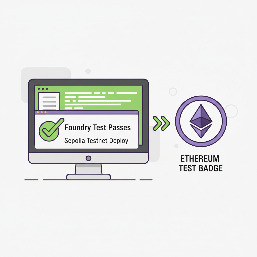 Foundry terminal green test passes, Sepolia testnet deploy, Ethereum test badge