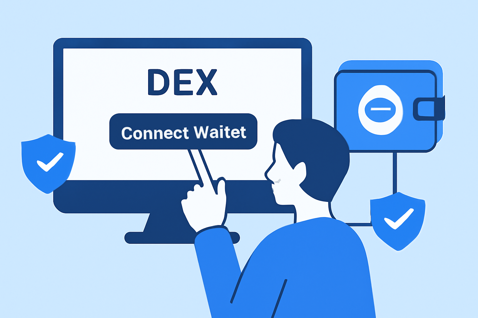 A user connecting their wallet to a DEX website, with security shields and the Base logo visible, in an educational, reassuring style.
