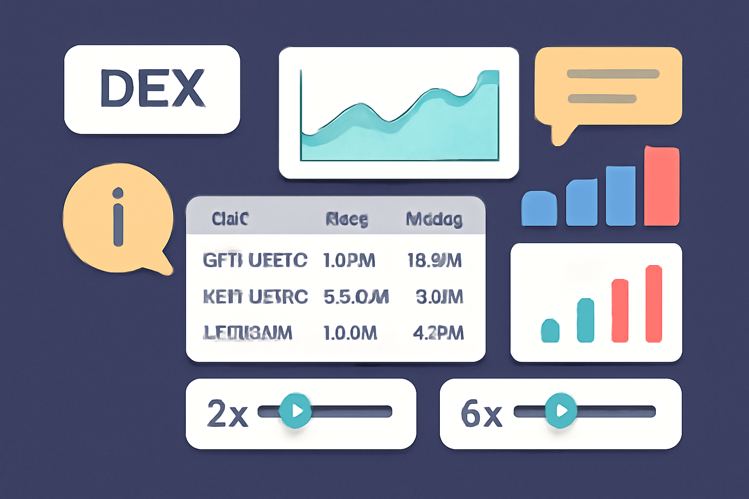 A DEX dashboard with charts, trading pairs, and leverage sliders, with tooltips and educational highlights, in a user-friendly style.