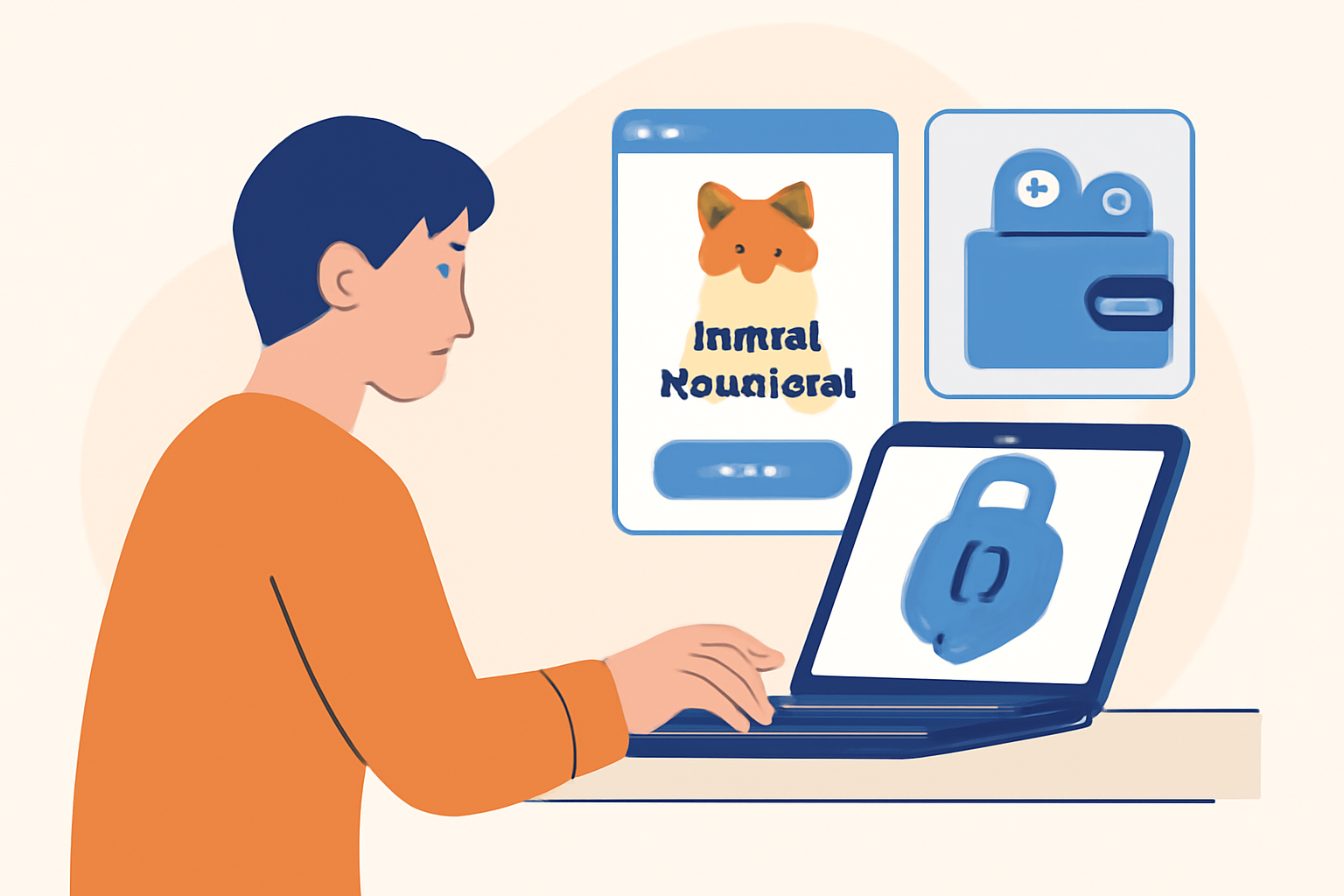 A person installing MetaMask on their laptop, with a secure vault and a digital wallet interface, in a modern, educational style.