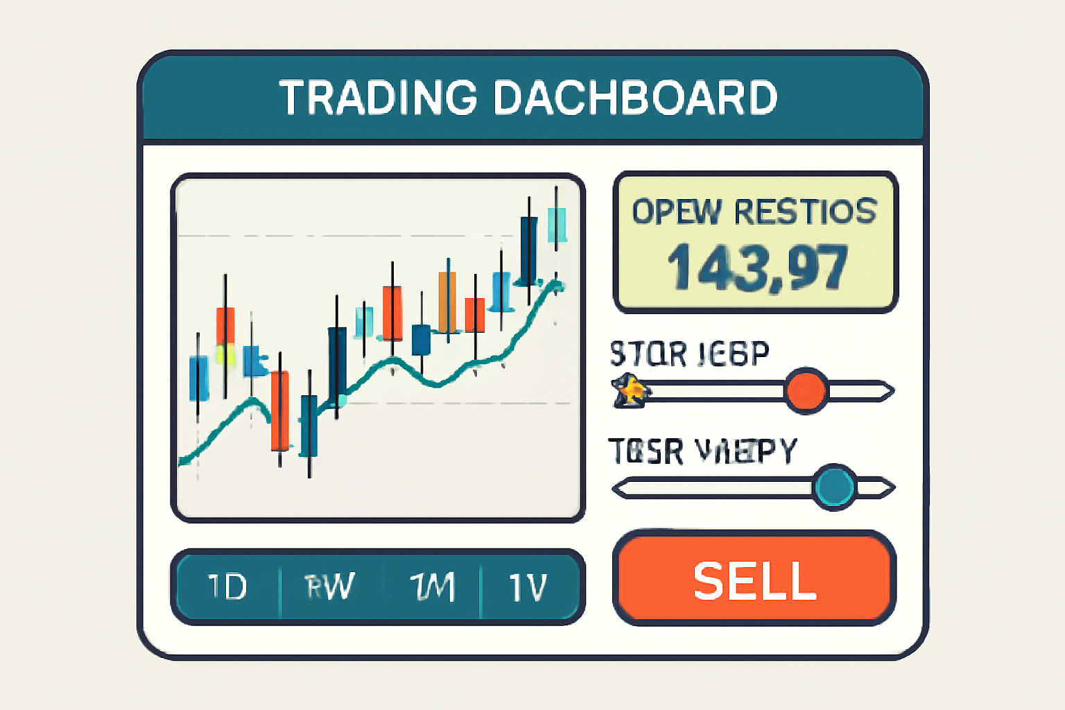 A trading dashboard showing an open position, with real-time price charts and adjustable stop-loss/take-profit controls, in a dynamic, educational style.