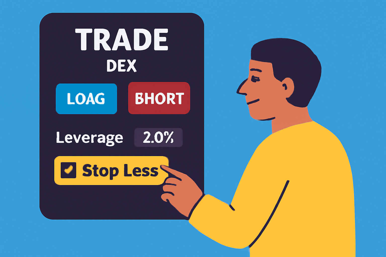 A user placing a leveraged trade on a DEX, with long and short buttons, leverage selector, and a highlighted stop-loss option, in a clear, motivational style.