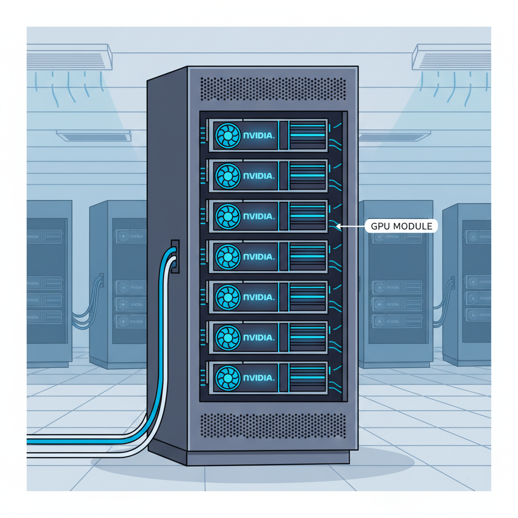 modern GPU server rack with NVIDIA cards glowing blue, data center environment