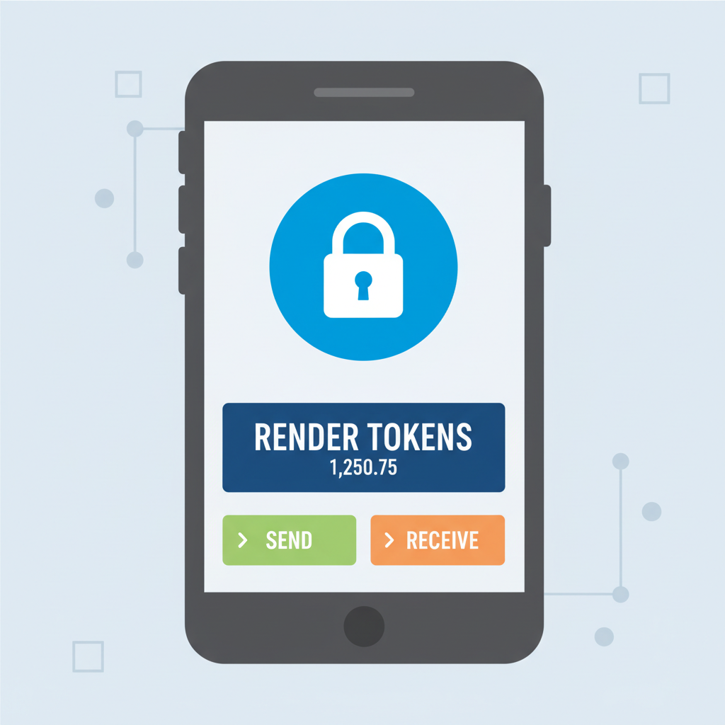 digital wallet interface on screen with RENDER tokens, secure lock icon