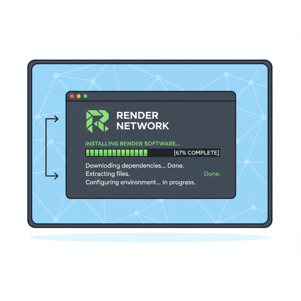 computer screen installing software, terminal window with Render Network logo