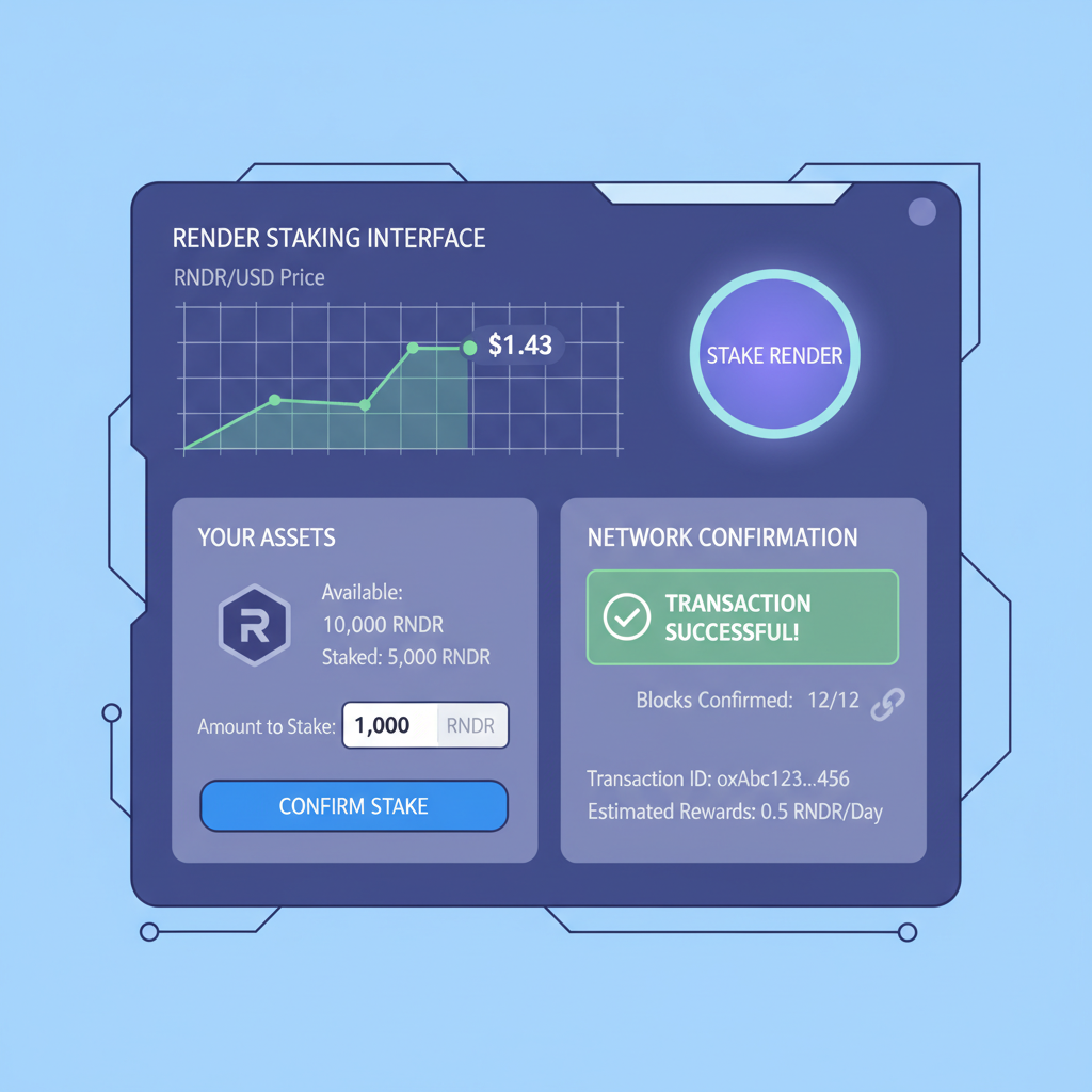 staking interface with RENDER tokens at $1.43 price chart, blockchain confirmation