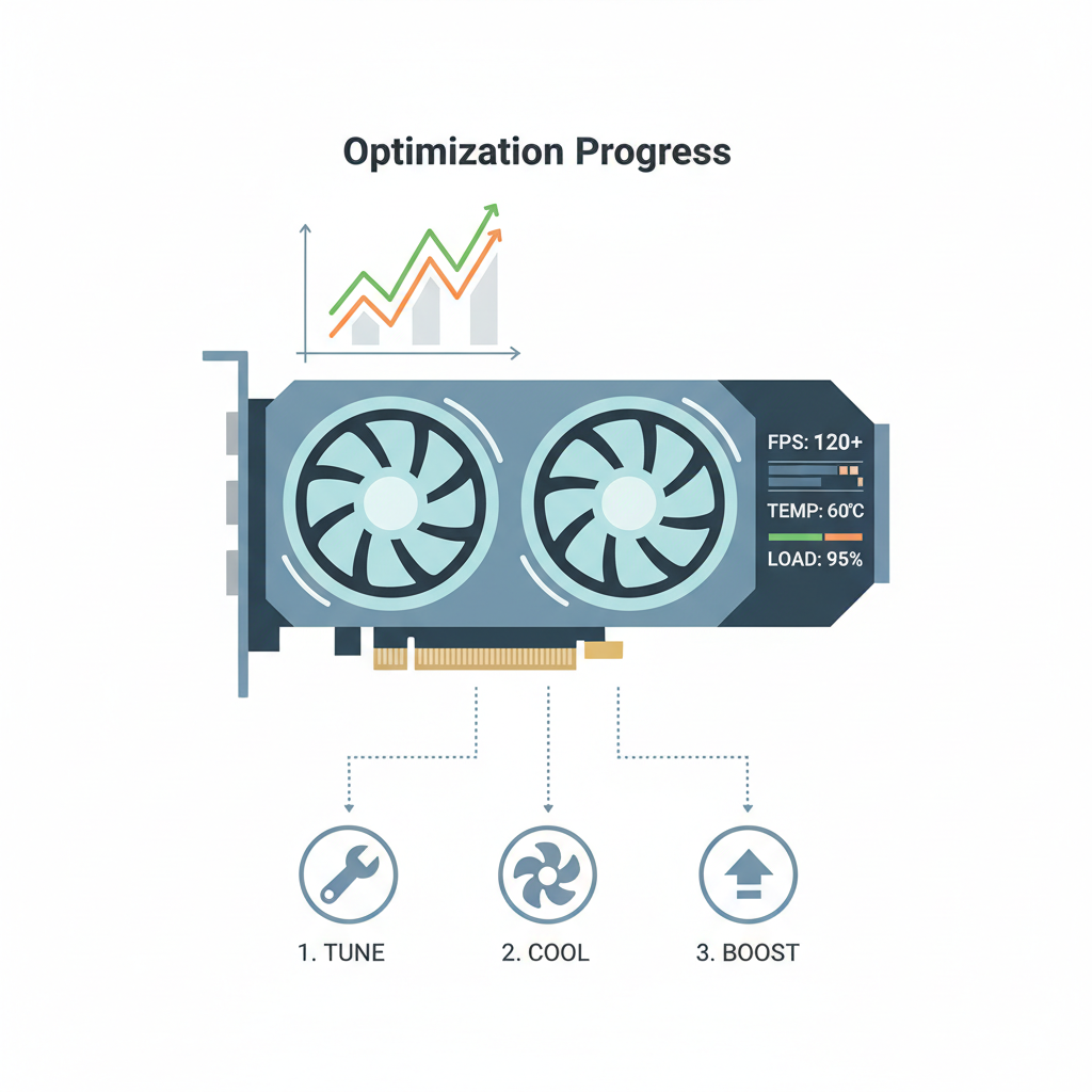 GPU closeup with optimization graphs, cooling fans spinning, performance metrics