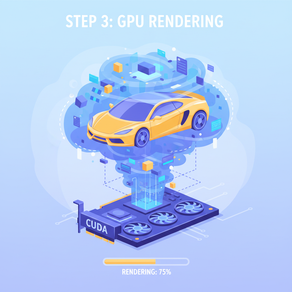 rendering job in progress on GPU, 3D model emerging from compute cloud